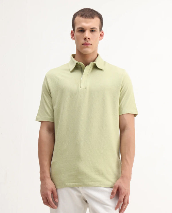 Rare Rabbit Men Caben Light Green Cotton Fabric Zipper Closure Half Sleeve Tonal Jacquard Polo T-Shirt