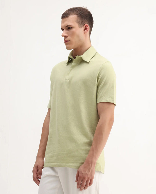 Rare Rabbit Men Caben Light Green Cotton Fabric Zipper Closure Half Sleeve Tonal Jacquard Polo T-Shirt