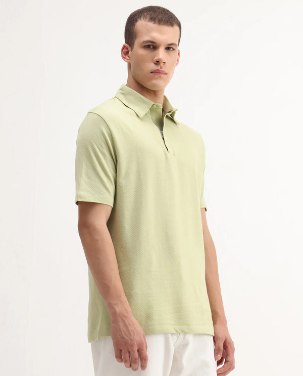 Rare Rabbit Men Caben Light Green Cotton Fabric Zipper Closure Half Sleeve Tonal Jacquard Polo T-Shirt