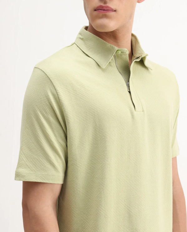 Rare Rabbit Men Caben Light Green Cotton Fabric Zipper Closure Half Sleeve Tonal Jacquard Polo T-Shirt