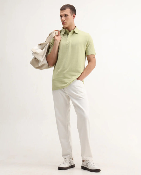 Rare Rabbit Men Caben Light Green Cotton Fabric Zipper Closure Half Sleeve Tonal Jacquard Polo T-Shirt