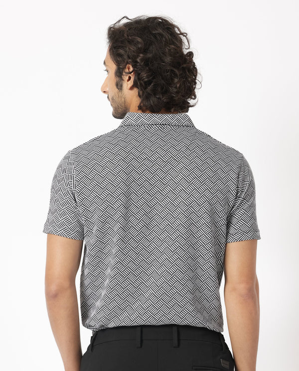 Rare Rabbit Men's Cabetta Black Cotton Fabric Collared Neck Zipper Closure Half Sleeves Jacquard Polo
