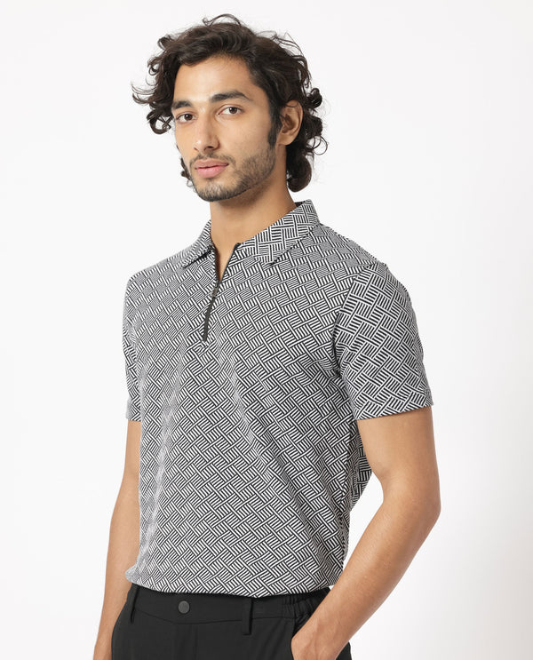 Rare Rabbit Men's Cabetta Black Cotton Fabric Collared Neck Zipper Closure Half Sleeves Jacquard Polo