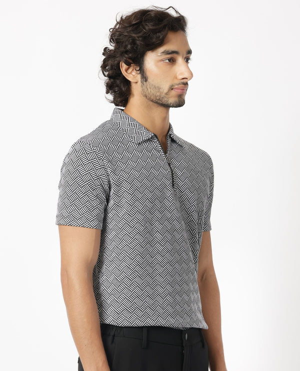 Rare Rabbit Men's Cabetta Black Cotton Fabric Collared Neck Zipper Closure Half Sleeves Jacquard Polo