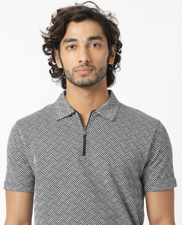 Rare Rabbit Men's Cabetta Black Cotton Fabric Collared Neck Zipper Closure Half Sleeves Jacquard Polo