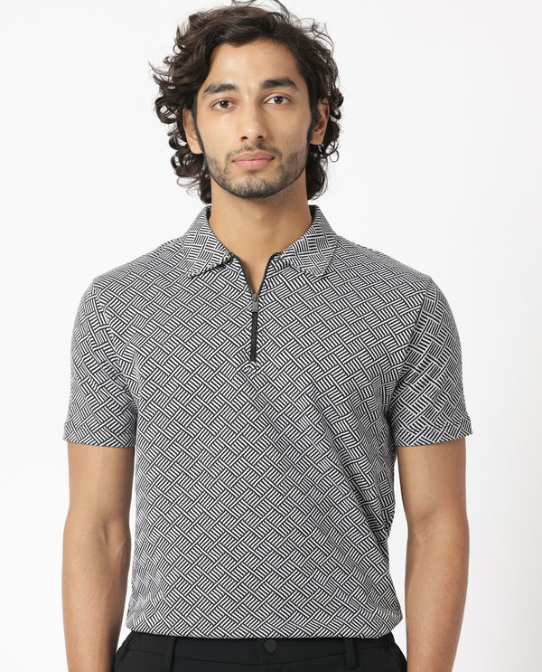 Rare Rabbit Men's Cabetta Black Cotton Fabric Collared Neck Zipper Closure Half Sleeves Jacquard Polo