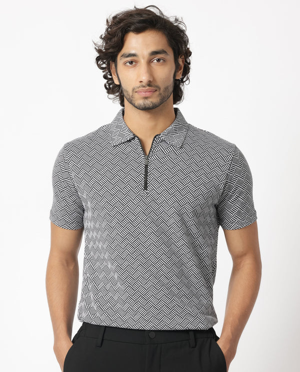Rare Rabbit Men's Cabetta Black Cotton Fabric Collared Neck Zipper Closure Half Sleeves Jacquard Polo