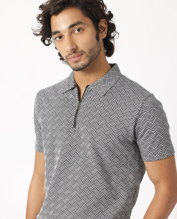 Rare Rabbit Men's Cabetta Black Cotton Fabric Collared Neck Zipper Closure Half Sleeves Jacquard Polo