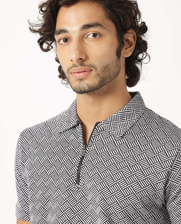 Rare Rabbit Men's Cabetta Black Cotton Fabric Collared Neck Zipper Closure Half Sleeves Jacquard Polo