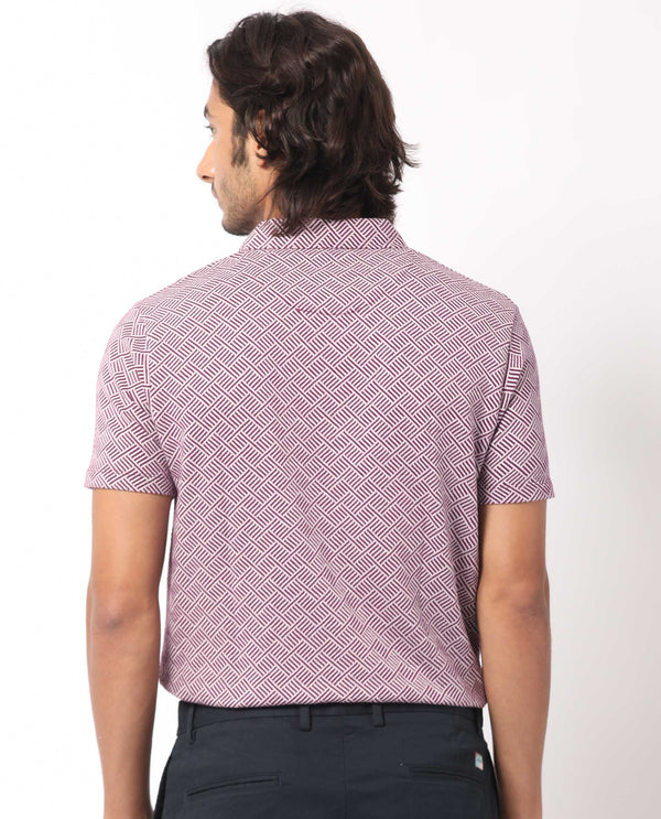 Rare Rabbit Men's Cabetta Dark Purple Cotton Fabric Collared Neck Zipper Closure Half Sleeves Jacquard Polo