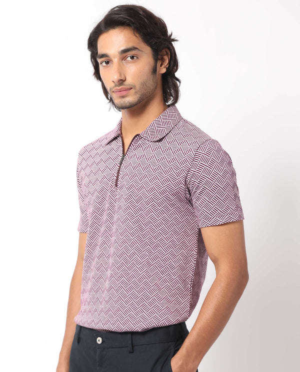 Rare Rabbit Men's Cabetta Dark Purple Cotton Fabric Collared Neck Zipper Closure Half Sleeves Jacquard Polo