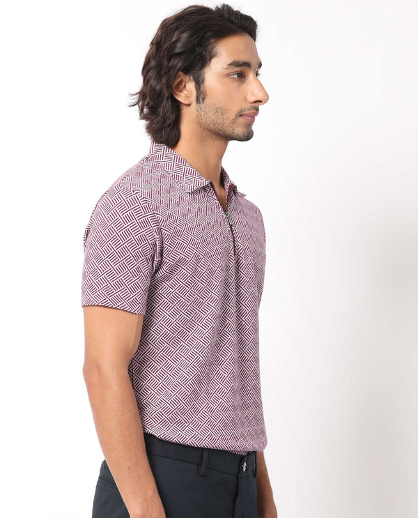 Rare Rabbit Men's Cabetta Dark Purple Cotton Fabric Collared Neck Zipper Closure Half Sleeves Jacquard Polo