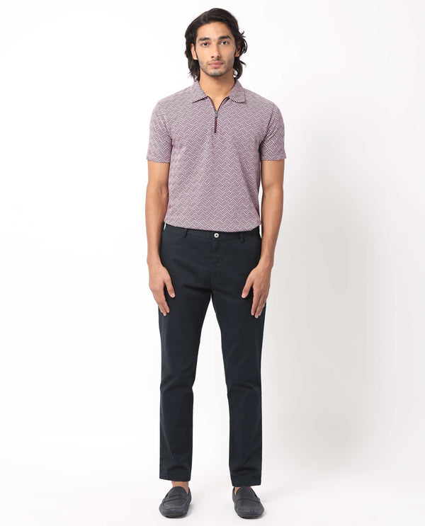 Rare Rabbit Men's Cabetta Dark Purple Cotton Fabric Collared Neck Zipper Closure Half Sleeves Jacquard Polo