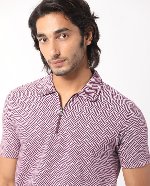Rare Rabbit Men's Cabetta Dark Purple Cotton Fabric Collared Neck Zipper Closure Half Sleeves Jacquard Polo