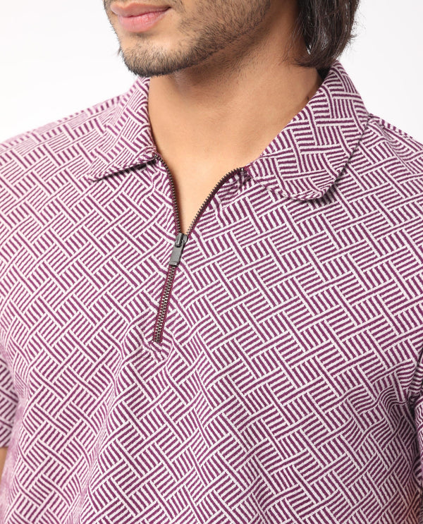 Rare Rabbit Men's Cabetta Dark Purple Cotton Fabric Collared Neck Zipper Closure Half Sleeves Jacquard Polo