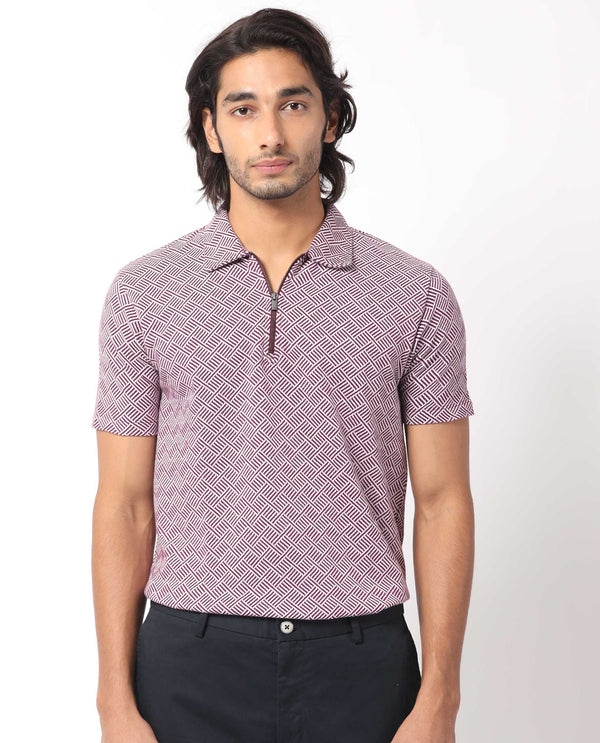 Rare Rabbit Men's Cabetta Dark Purple Cotton Fabric Collared Neck Zipper Closure Half Sleeves Jacquard Polo