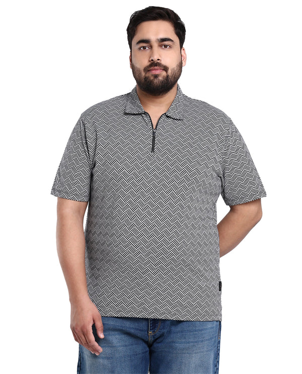 Rare Rabbit Men's Cabetta Black Cotton Fabric Collared Neck Zipper Closure Half Sleeves Jacquard Polo T-shirt Plus Size