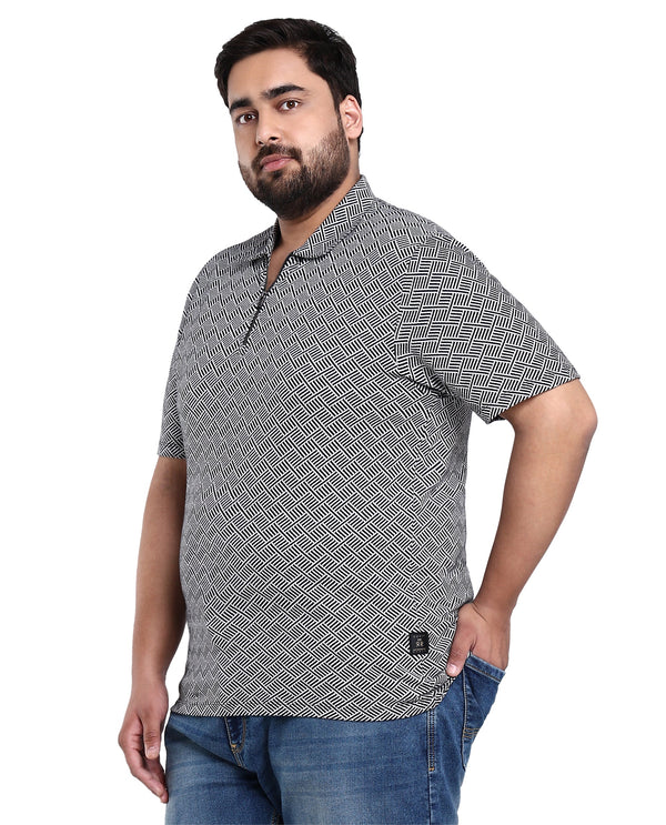 Rare Rabbit Men's Cabetta Black Cotton Fabric Collared Neck Zipper Closure Half Sleeves Jacquard Polo T-shirt Plus Size