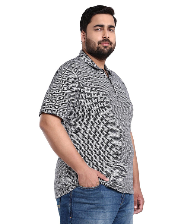 Rare Rabbit Men's Cabetta Black Cotton Fabric Collared Neck Zipper Closure Half Sleeves Jacquard Polo T-shirt Plus Size