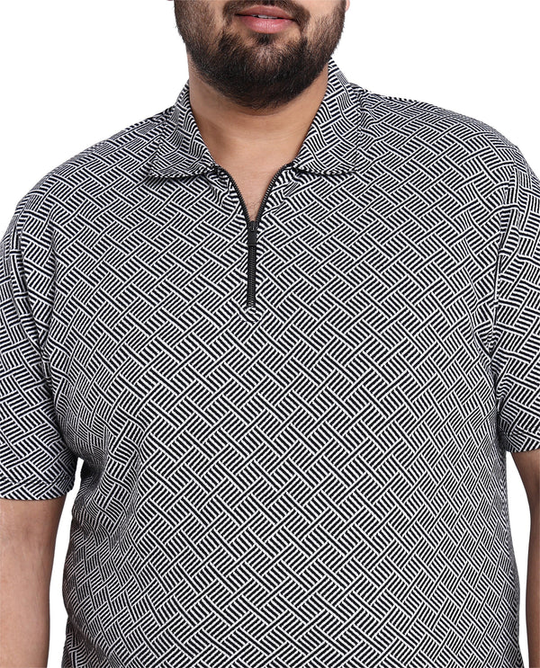 Rare Rabbit Men's Cabetta Black Cotton Fabric Collared Neck Zipper Closure Half Sleeves Jacquard Polo T-shirt Plus Size