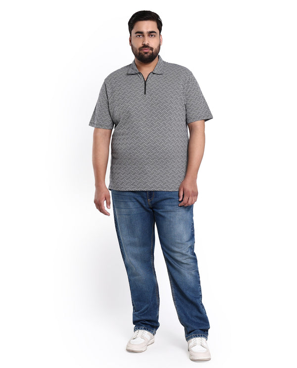 Rare Rabbit Men's Cabetta Black Cotton Fabric Collared Neck Zipper Closure Half Sleeves Jacquard Polo T-shirt Plus Size