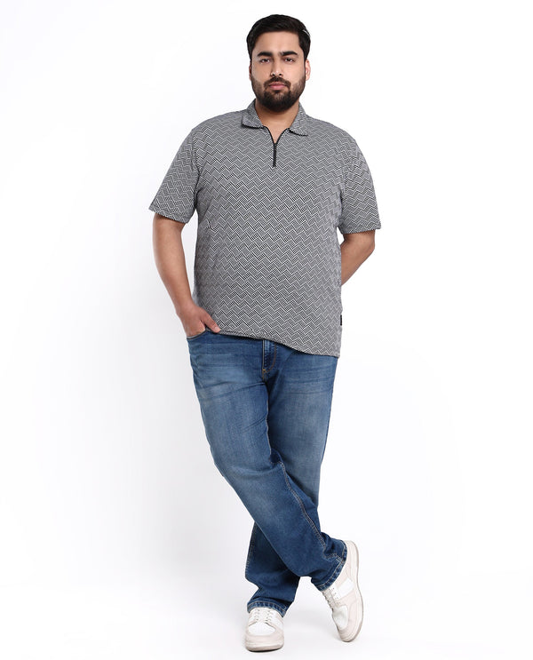 Rare Rabbit Men's Cabetta Black Cotton Fabric Collared Neck Zipper Closure Half Sleeves Jacquard Polo T-shirt Plus Size