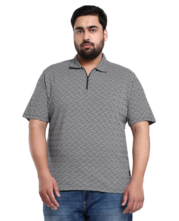 Rare Rabbit Men's Cabetta Black Cotton Fabric Collared Neck Zipper Closure Half Sleeves Jacquard Polo T-shirt Plus Size