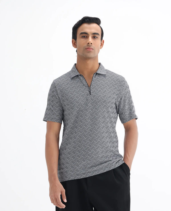 Rare Rabbit Men's Cabetta Black Cotton Fabric Collared Neck Zipper Closure Half Sleeves Jacquard Polo