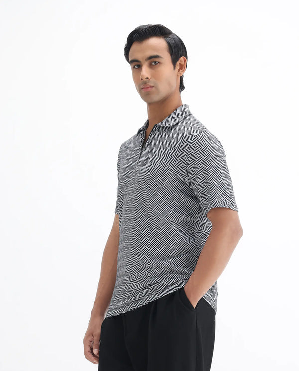 Rare Rabbit Men's Cabetta Black Cotton Fabric Collared Neck Zipper Closure Half Sleeves Jacquard Polo