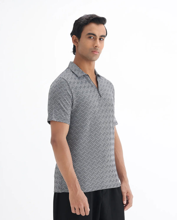 Rare Rabbit Men's Cabetta Black Cotton Fabric Collared Neck Zipper Closure Half Sleeves Jacquard Polo