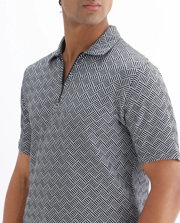Rare Rabbit Men's Cabetta Black Cotton Fabric Collared Neck Zipper Closure Half Sleeves Jacquard Polo