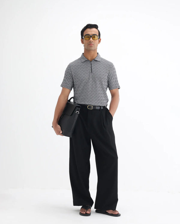 Rare Rabbit Men's Cabetta Black Cotton Fabric Collared Neck Zipper Closure Half Sleeves Jacquard Polo