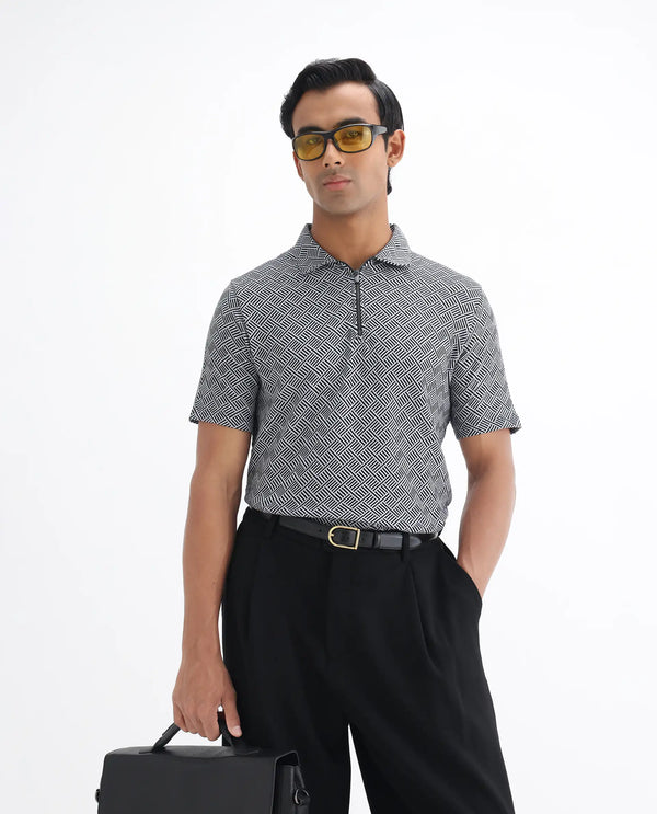 Rare Rabbit Men's Cabetta Black Cotton Fabric Collared Neck Zipper Closure Half Sleeves Jacquard Polo