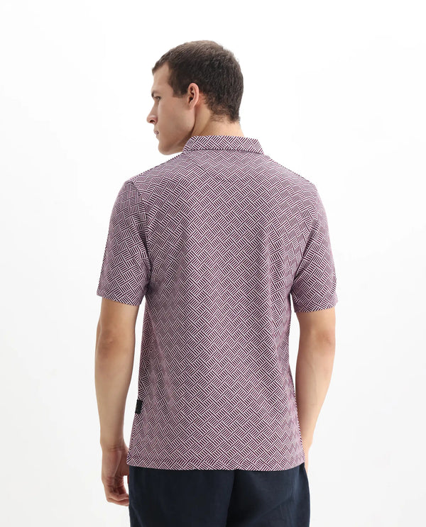Rare Rabbit Men's Cabetta Dark Purple Cotton Fabric Collared Neck Zipper Closure Half Sleeves Jacquard Polo