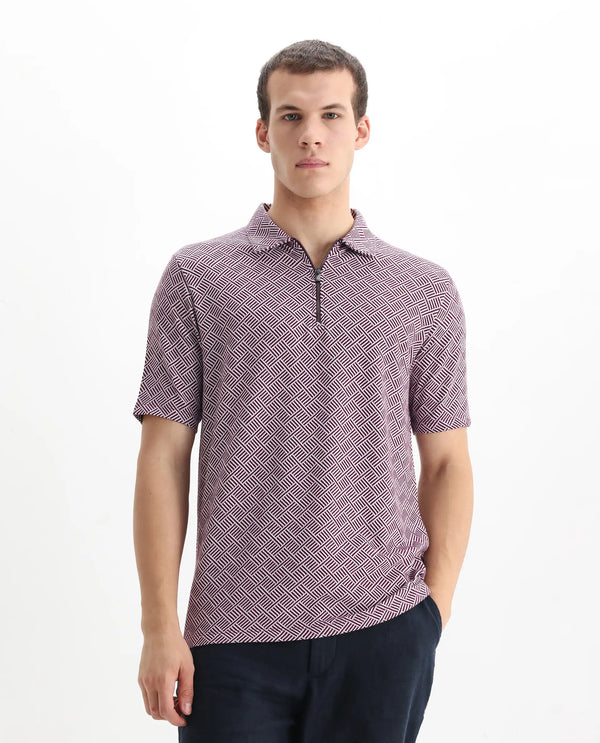 Rare Rabbit Men's Cabetta Dark Purple Cotton Fabric Collared Neck Zipper Closure Half Sleeves Jacquard Polo
