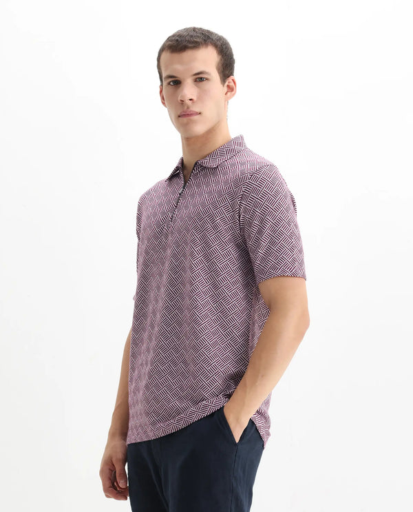 Rare Rabbit Men's Cabetta Dark Purple Cotton Fabric Collared Neck Zipper Closure Half Sleeves Jacquard Polo
