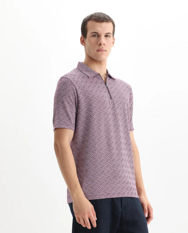 Rare Rabbit Men's Cabetta Dark Purple Cotton Fabric Collared Neck Zipper Closure Half Sleeves Jacquard Polo