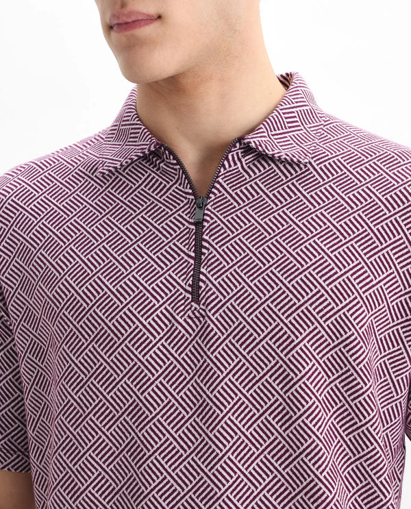 Rare Rabbit Men's Cabetta Dark Purple Cotton Fabric Collared Neck Zipper Closure Half Sleeves Jacquard Polo