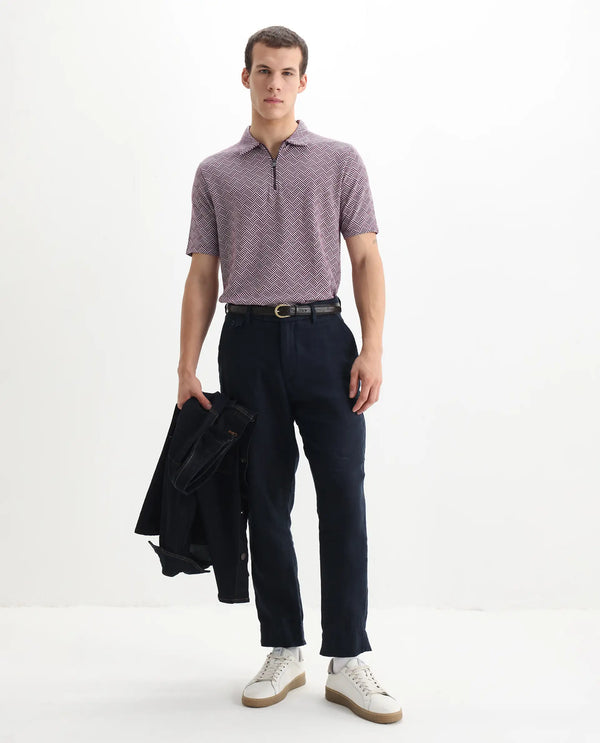 Rare Rabbit Men's Cabetta Dark Purple Cotton Fabric Collared Neck Zipper Closure Half Sleeves Jacquard Polo