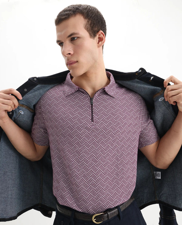 Rare Rabbit Men's Cabetta Dark Purple Cotton Fabric Collared Neck Zipper Closure Half Sleeves Jacquard Polo
