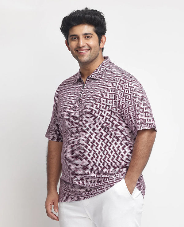 Rare Rabbit Men's Cabetta Dark Purple Cotton Fabric Collared Neck Zipper Closure Half Sleeves Jacquard Polo T-shirt Plus Size