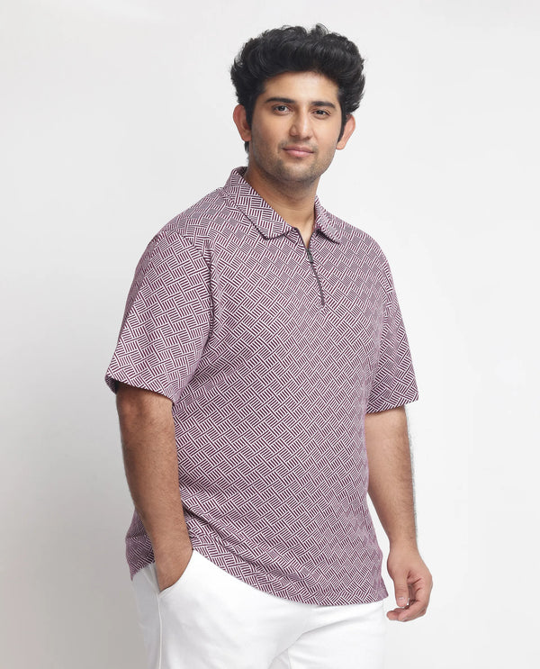 Rare Rabbit Men's Cabetta Dark Purple Cotton Fabric Collared Neck Zipper Closure Half Sleeves Jacquard Polo T-shirt Plus Size