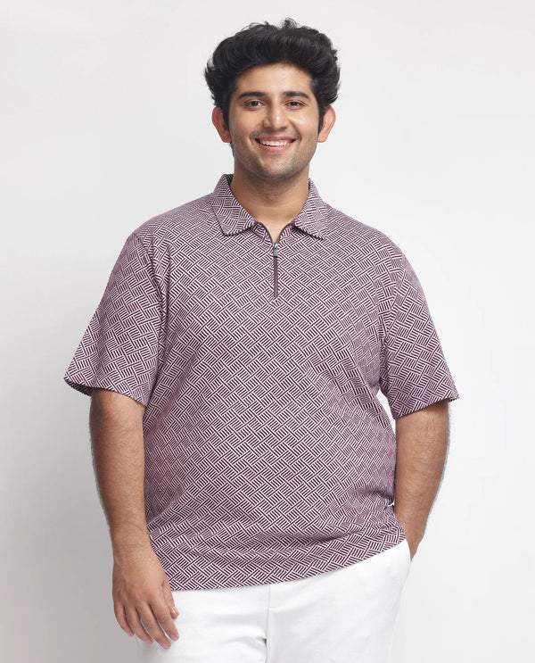 Rare Rabbit Men's Cabetta Dark Purple Cotton Fabric Collared Neck Zipper Closure Half Sleeves Jacquard Polo T-shirt Plus Size