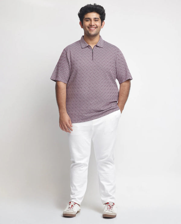 Rare Rabbit Men's Cabetta Dark Purple Cotton Fabric Collared Neck Zipper Closure Half Sleeves Jacquard Polo T-shirt Plus Size