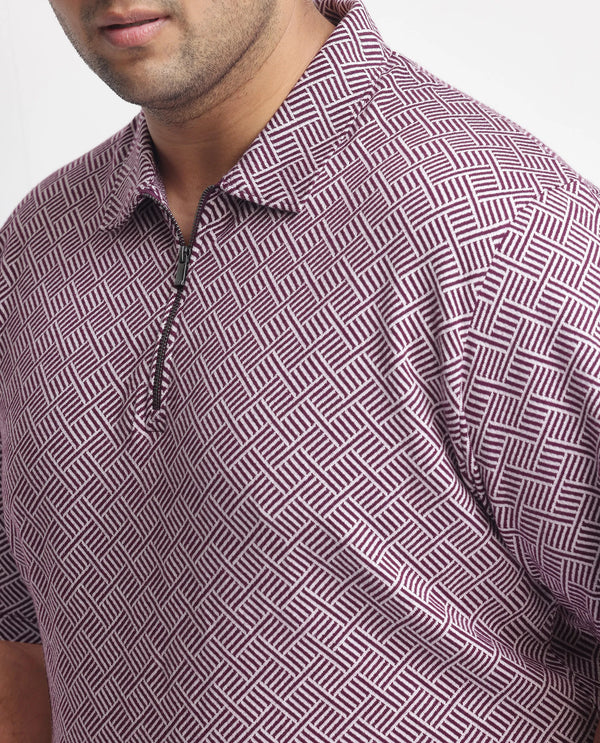 Rare Rabbit Men's Cabetta Dark Purple Cotton Fabric Collared Neck Zipper Closure Half Sleeves Jacquard Polo T-shirt Plus Size
