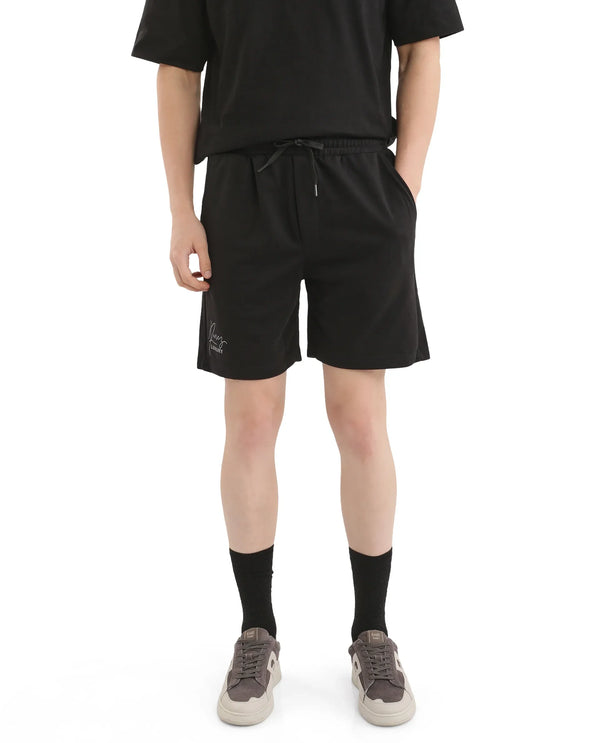 Rare Rabbit Men Cade-B Black Cotton Fabric Drawstring Closure Oversized Fit Plain Shorts