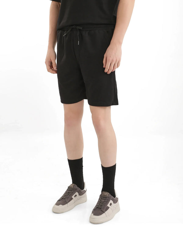 Rare Rabbit Men Cade-B Black Cotton Fabric Drawstring Closure Oversized Fit Plain Shorts