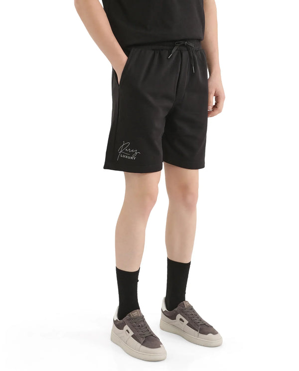 Rare Rabbit Men Cade-B Black Cotton Fabric Drawstring Closure Oversized Fit Plain Shorts