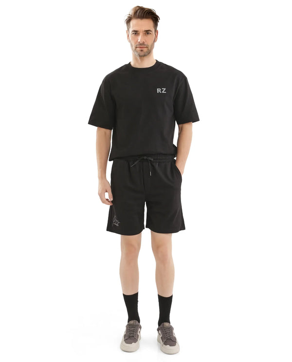Rare Rabbit Men Cade-B Black Cotton Fabric Drawstring Closure Oversized Fit Plain Shorts