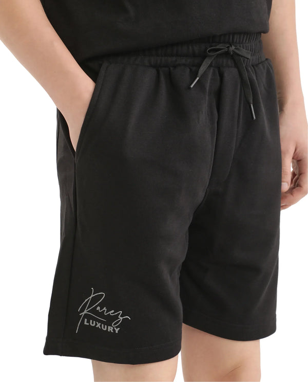 Rare Rabbit Men Cade-B Black Cotton Fabric Drawstring Closure Oversized Fit Plain Shorts